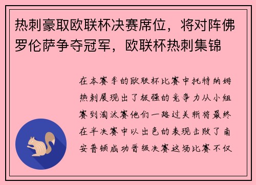 热刺豪取欧联杯决赛席位，将对阵佛罗伦萨争夺冠军，欧联杯热刺集锦