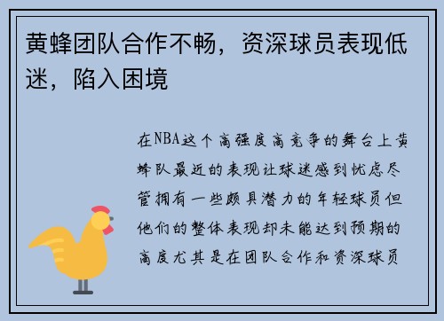 黄蜂团队合作不畅，资深球员表现低迷，陷入困境