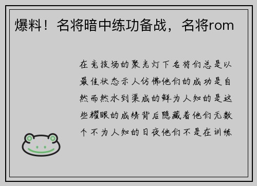 爆料！名将暗中练功备战，名将rom