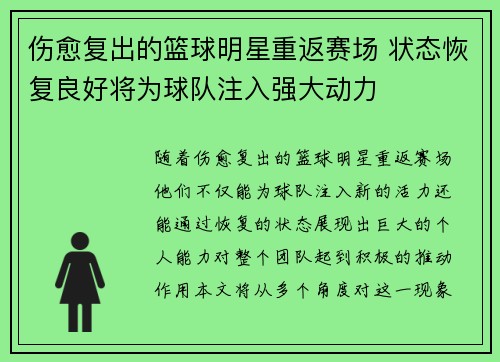 伤愈复出的篮球明星重返赛场 状态恢复良好将为球队注入强大动力