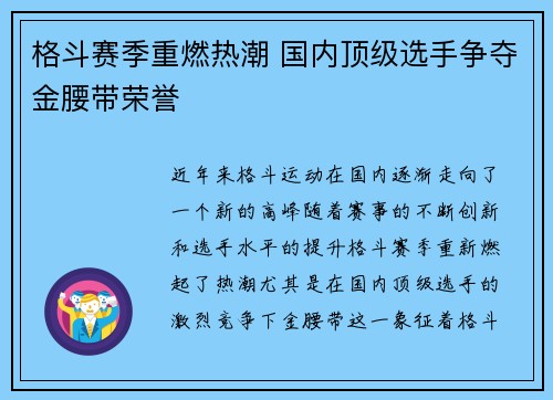 格斗赛季重燃热潮 国内顶级选手争夺金腰带荣誉