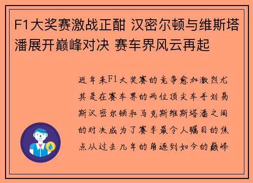 F1大奖赛激战正酣 汉密尔顿与维斯塔潘展开巅峰对决 赛车界风云再起